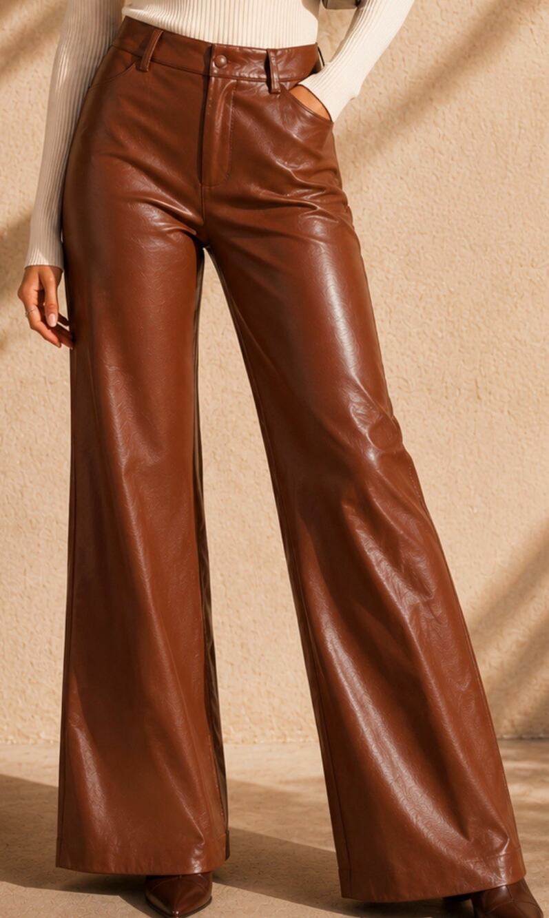 Rachel Zoe Brown Faux Leather High Rise Wide Leg Stretch Dress Pant Women Sz 8 M